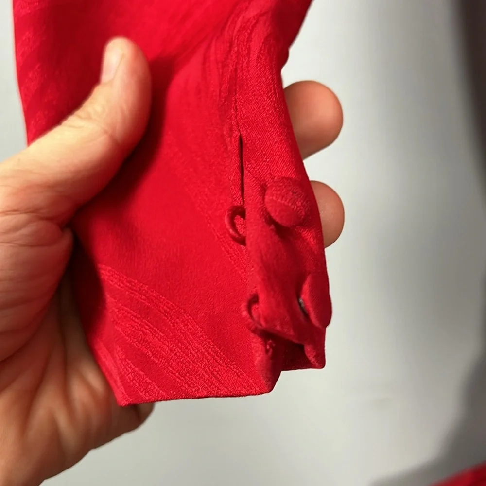 Vintage Women’s Silk Red Shift Dress Faux Feather Hem Necktie Slip on size S - Picture 11 of 17